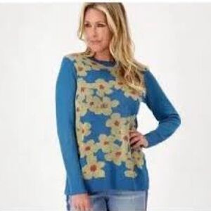 LOGO by Lori Goldstein Floral Jacquard Long Sleeve Sweater Coastal Blue. Size S